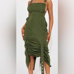 Olive Green Ruched Dress with Grommet Detail